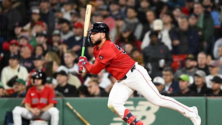 Sep 20, 2024; Boston, Massachusetts, USA; Boston Red Sox right fielder Wilyer Abreu (52) hits a single against the Minnesota Twins during the fourth inning at Fenway Park. Mandatory Credit: Brian Fluharty-Imagn Images