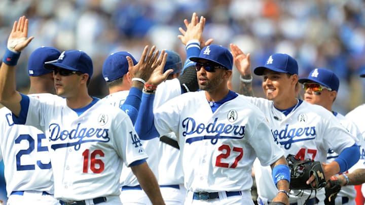 April 1, 2013; Los Angeles, CA, USA;  Los Angeles Dodgers right fielder Andre Ethier (16),  center fielder Matt Kemp (27), and third baseman Luis Cruz (47) after the game against the San Francisco Giants at Dodger Stadium. Dodgers won 4-0. Mandatory Credit: Jayne Kamin-Oncea-Imagn Images