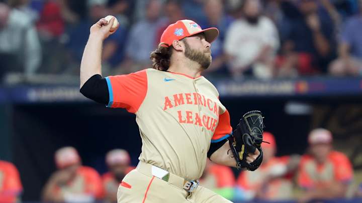 Jul 16, 2024; Arlington, Texas, USA; American League pitcher Corbin Burnes of the Baltimore Orioles (39) pitches in the first inning during the 2024 MLB All-Star game at Globe Life Field. Mandatory Credit: Kevin Jairaj-Imagn Images