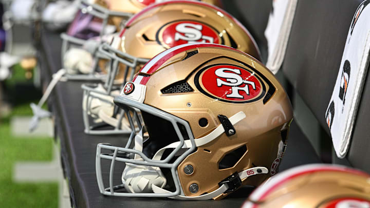 Sep 15, 2024; Minneapolis, Minnesota, USA; San Francisco 49ers helmets sits idle during the game against the Minnesota Vikings at U.S. Bank Stadium. Mandatory Credit: Jeffrey Becker-Imagn Images