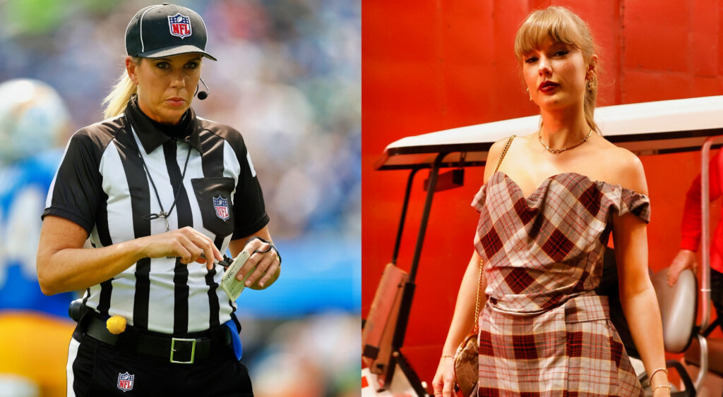 Photos of down judge Sarah Thomas and pop star Taylor Swift