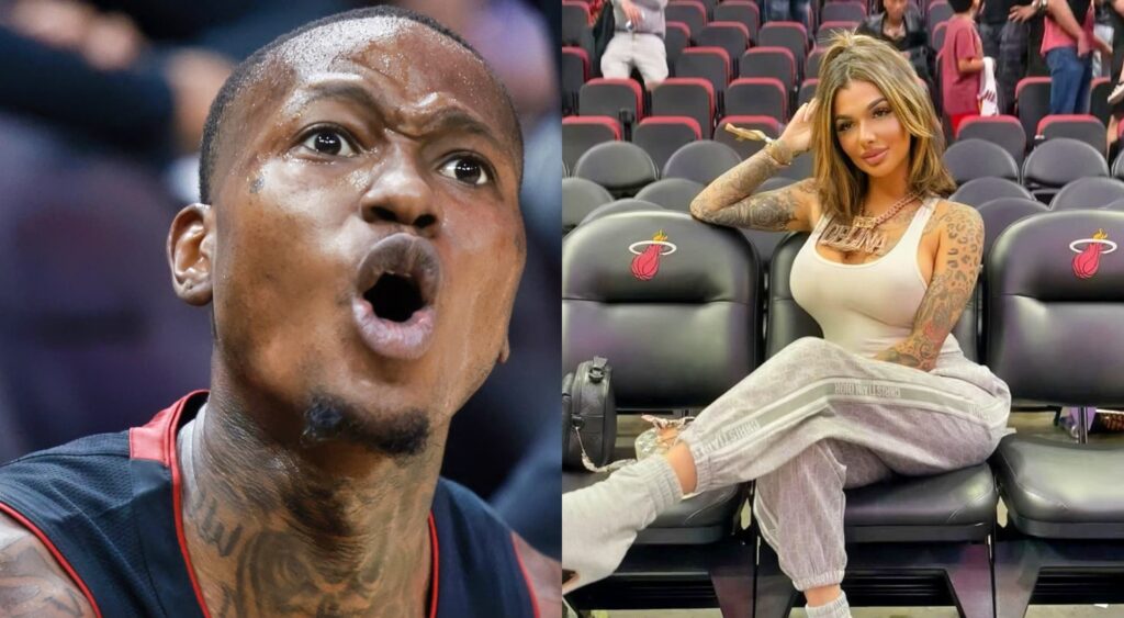 Terry Rozier on the court and Celina Powell posing at Miami Heat game