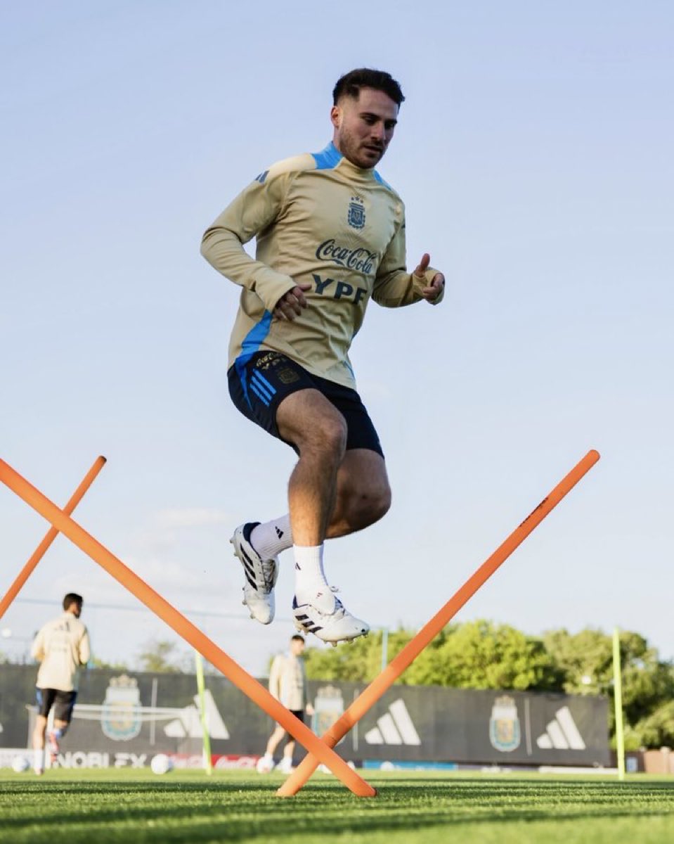 CASUAL SMILE: Liverpool star Mac Allister beams during Argentina training ahead of Paraguay clash