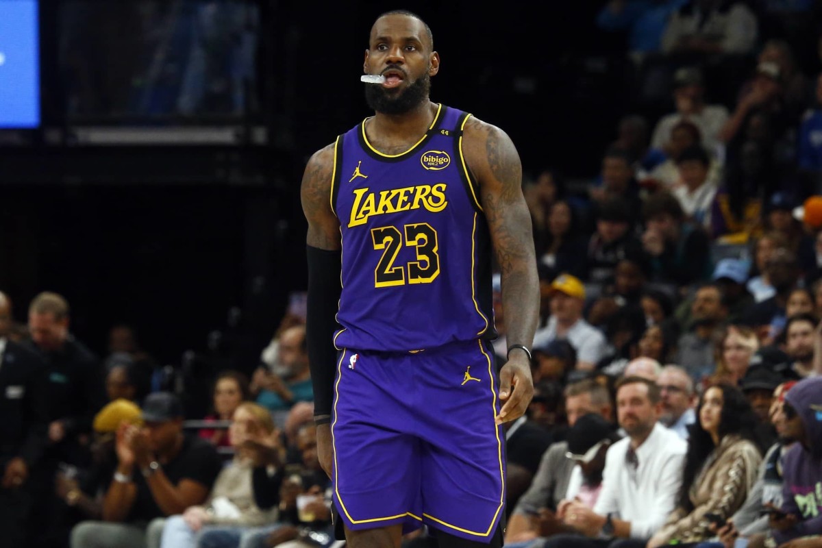 Nov 6, 2024; Memphis, Tennessee, USA; Los Angeles Lakers forward LeBron James (23) looks on during the second half against the Memphis Grizzlies at FedExForum.