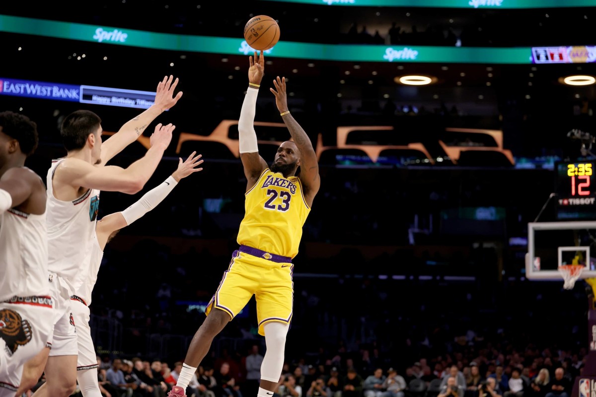 Nov 13, 2024; Los Angeles, California, USA; Los Angeles Lakers forward LeBron James (23) shoots the ball during the second quarter against the Memphis Grizzlies at Crypto.com Arena.